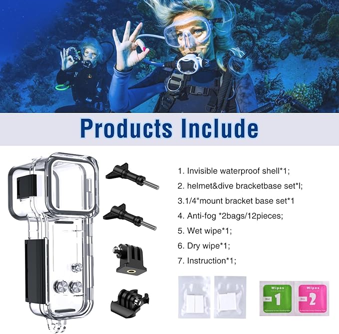 Waterproof Housing Case for DJI Osmo Pocket 3, Touchscreen Underwater Diving Protective Shell Waterproof up to 50m/164/ft with Helmet Bracket & 1/4 Bracket Accessories