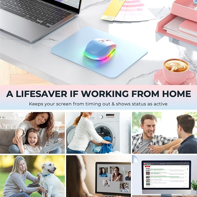 Wireless Mouse Jiggler - LED Wireless Mice with Build-in Mouse Mover, Rechargeable Moving Mouse for Laptop with Undetectable Random Movement Keeps Computers Awake - Blue to Pink