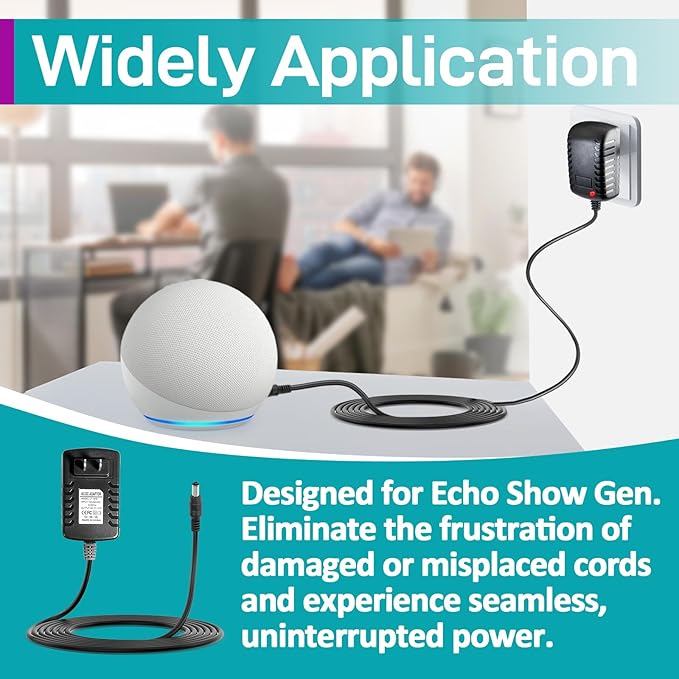 2Pcs 30W Power Adapter Replacement for Echo Show 8 (3rd Gen), Echo Show 10 (3rd Gen), Echo Show 15, Echo Show 21, Echo (3rd/4th Gen) - 5ft 30W Power Supply Adapter Charger Cable, Fast Charging Plug