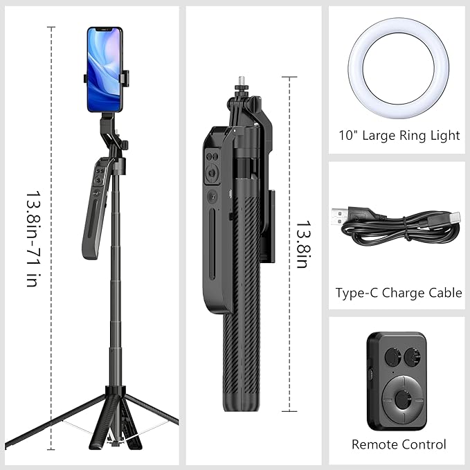Auto Face Tracking Self Stick Tripod for iPhone with 10" Ring Light Hands-Free 360°Adjustable 70.9 Inch Smart Phone Stand with Wireless Remote for Content Creator Vlog Video Recording