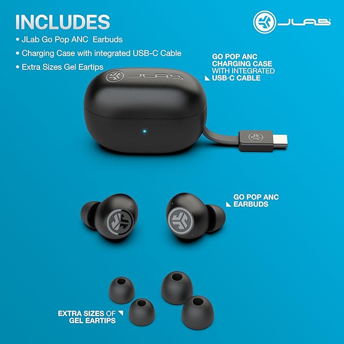 JLab Go Pop ANC True Wireless Earbuds & Charging Case, Black, Active Noise Cancelling, 10mm Drivers, Dual Connect, Customize Your Sound with App, Be Aware Mode, Compact Fit, MEMS Microphone