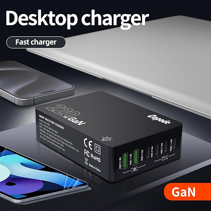 220W USB C Charger Block, 6-Port GaN USB C Charging Station PD 100W PC Laptop Fast Charger Adapter Compatible with iPhone 16, Galaxy 25, MacBook,ipad and More Devices(Black)