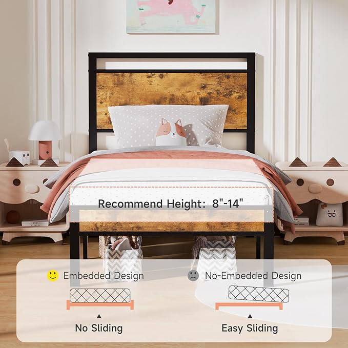 Z-hom Upgraded Twin Bed Frames, Heavy Duty Metal Sturdy Bed Frame Twin Size with Modern Wood Headboard & Footboard, Stable Platform Bed Furniture Bed Storage, No Noise, No Box Springs, Vintage Brown