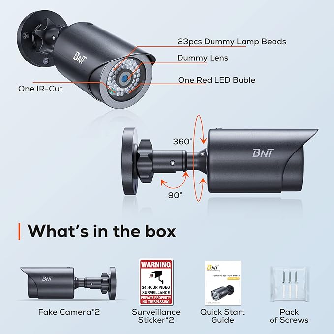 BNT Dummy Fake Security Camera, with One Red LED Light at Night, for Home and Businesses Security Indoor/Outdoor (2 Pack, Black)