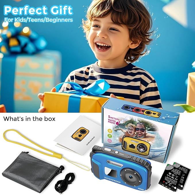 Underwater Camera 16FT Waterproof for Kids Waterproof Digital Camera for Snorkeling Swimming Autofocus 1080P Portable with Rechargeable Batteries, Sling, Blue