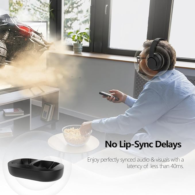 Wireless TV Headphones, TV Headphones Wireless for Seniors with Transmitter Charging Base, Bluetooth Headphones Compatible with All TVs, No Audio Delay, Plug and Play, Gift for the Elderly/Parents