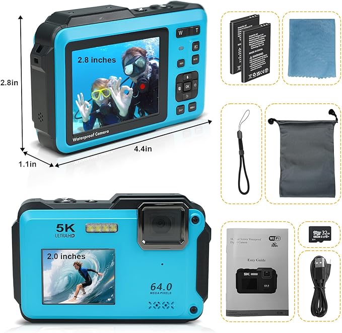 5k Underwater Camera,64mp Waterproof Camera Dual-Screen Selfie Underwater Cameras for Snorkeling 16x Digital Zoom WiFi Waterproof Digital Camera 1200mah Battery (Blue)