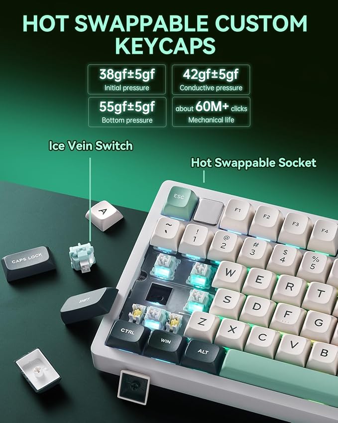 HI75C Pro Gaming Keyboard, RGB Backlit Bluetooth/USB-C/Wireless Mechanical Keyboard, Hot Swappable Creamy Keyboards for PC/MAC/Windows Gamer - Ice Vein Switch, Green