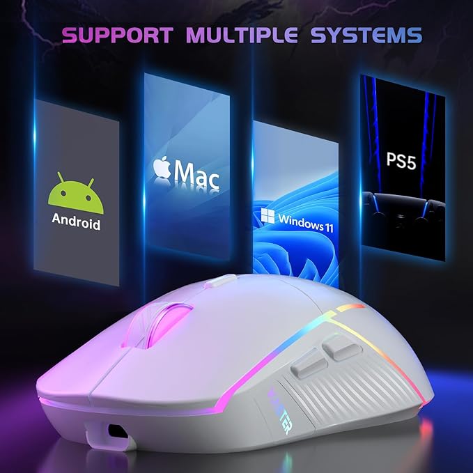 FFJ Wireless Gaming Mouse, 24000 DPI, Tri-Mode 2.4G/USB-C/Bluetooth 5.3 Gaming Mouse Wireless, RGB Programmable Mouse Gamer, 75Hrs Battery Life, Rechargeable Gaming Mice for PC, Mac, PS5, Xbox - White
