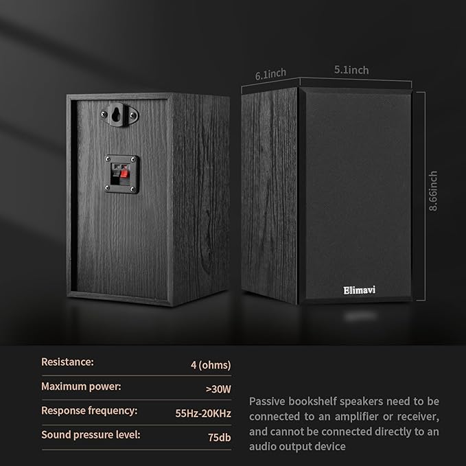 30W*2 Passive Bookshelf Speakers for Record Players and Home Theater Systems, Midrange and High-Frequency Stereo Speakers, Indoor Rear Surround Speakers, Requires a Receiver or Amplifier,Black