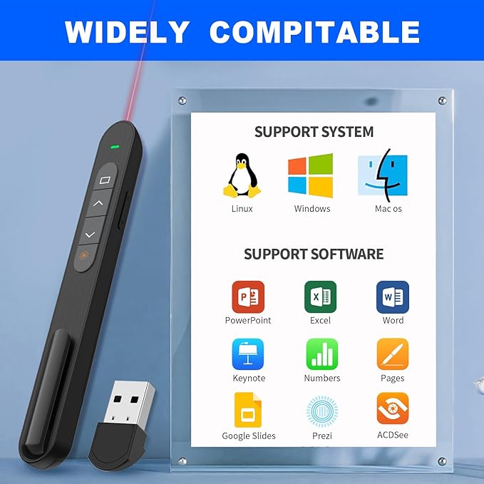 QUI Presentation Clicker for PowerPoint, RF 2.4GHz USB Wireless Presenter Remote with Volume Control, PowerPoint Clicker Slide Advancer for Mac, Windows, Laptop, Keynote