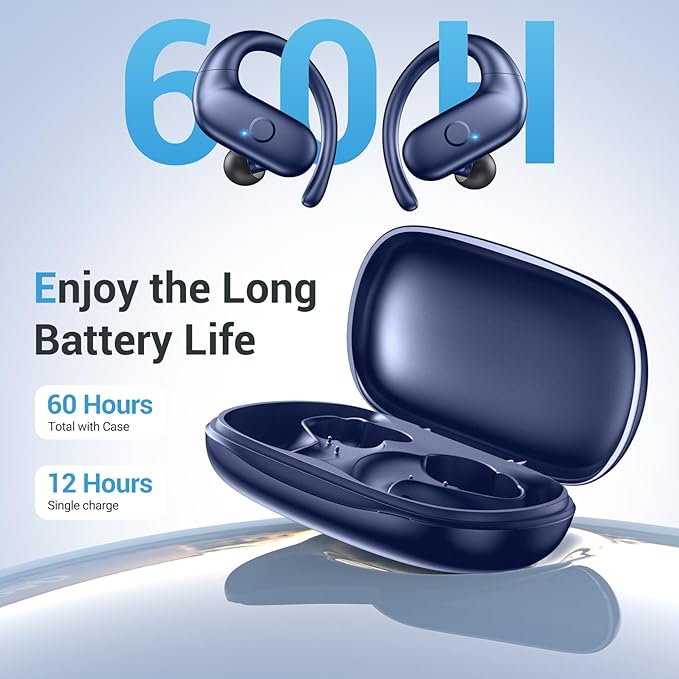 for Wireless Earbuds,Sport Bluetooth 5.4 Headphones,Over Ear Buds with Deep Bass Sound,60H Playtime Clear Calls Earphones Redesigned Comfort Fit with Earhooks for Running,Meeting,Workout-Blue