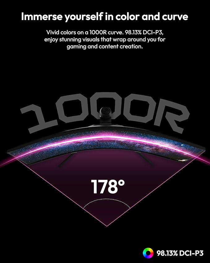 Pixio PXC348C Neo 34 inch 180Hz Refresh Rate UWQHD 1440p Ultrawide Resolution 1000R Curve Fast VA Panel 1ms Response Time USB-C Displayport 65W Charging AMD FreeSync Premium HDR Curved Gaming Monitor