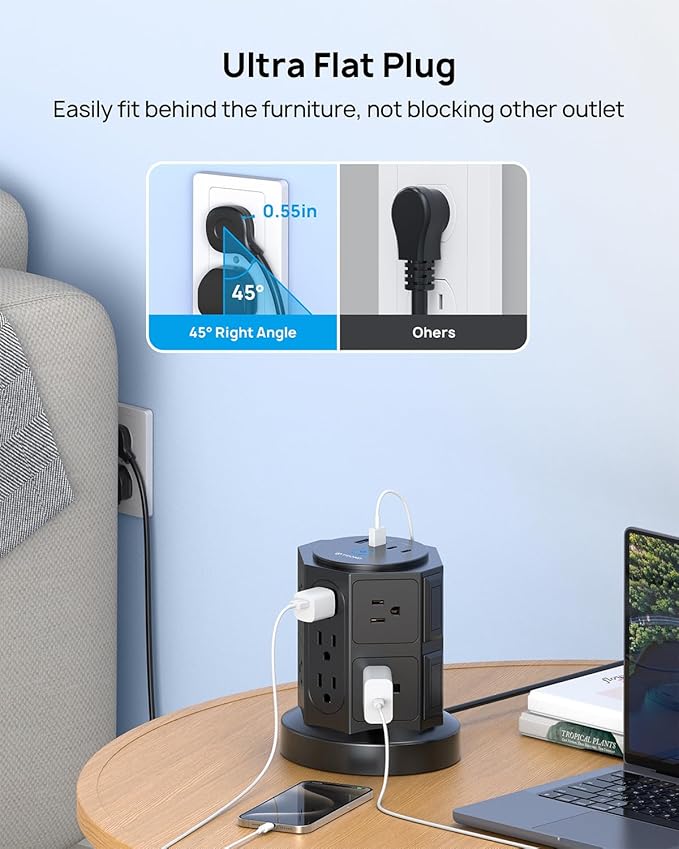 TROND Tower Surge Protector Power Strip with USB, 14 Widely Spaced Outlets, 2 USB-C and 2 USB-A, 2100J Surge Protection, 6 Feet Extension Cord with Multiple Outlets Home, Office, Dorm Essentials Black