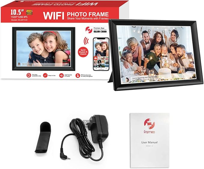 64GB FRAMEO 10.5 Inch Smart WiFi Digital Photo Frame 1920x1280 FHD IPS LCD Touch Screen, Auto-Rotate, 64GB Storage, Support SD Card & USB Drive, Share Moments Instantly via Frameo App from Anywhere