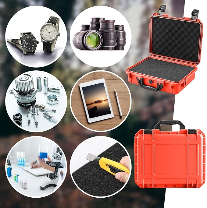 8.5 x 6.5 x 3.7 Inch Waterproof Hard Case with DIY Customizable Foam Insert Portable Protective Case with Knife for Camera Drones Equipments Tools Test Instruments (Reddish Orange)