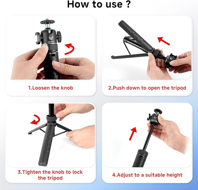 Extendable Mini Camera Tripod with 360° Ball Head, 4 Levels Adjustment Cold Shoe Metal Table Tripod, Lightweight Portable Travel Selfie Stick with 1/4 Inch Screw for DSLR Action Camera