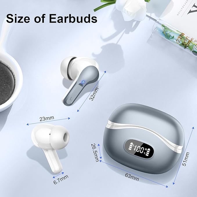Wireless Earbuds, Bluetooth Headphones 5.4 HiFi Stereo, Ear Buds with 4 ENC Noise Cancelling Mics, 48H Bluetooth Earbuds with Dual LED Display, IP7 Waterproof in Ear Earphones for Android iOS, Gray