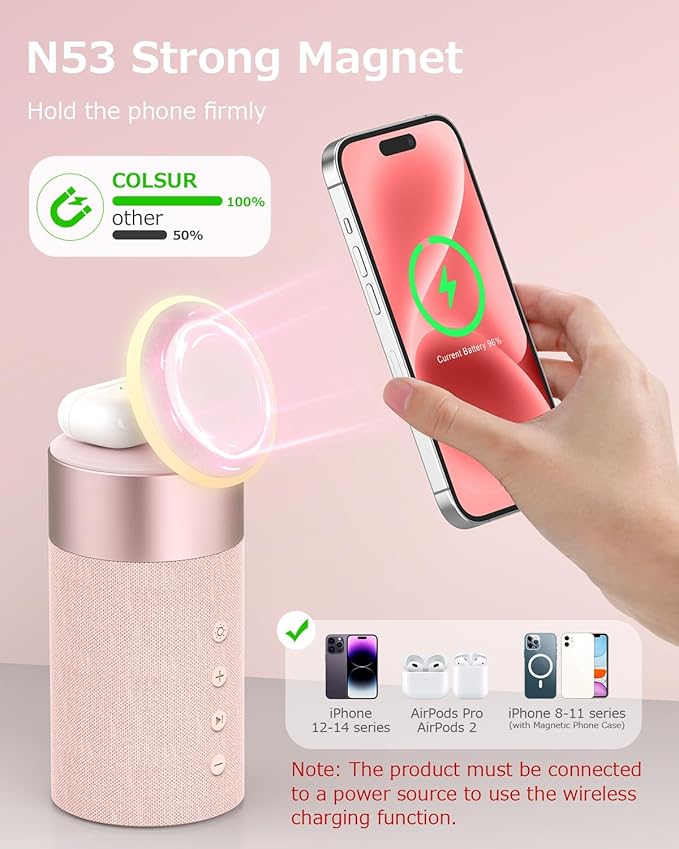 COLSUR Bluetooth Speaker, Magnetic Wireless Charger, Bluetooth Speakers with Night Light, 2 in 1 Wireless Charging Station for iPhone 16/15/14/13/12 Series, AirPods Pro/3/2(Gift Ideal) (Pink)