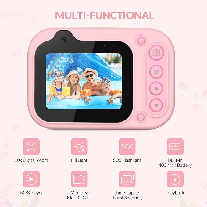 Mafiti Kids Waterproof Camera Underwater Camera 10FT with 32GB Card Floatable Pool Toys for Kids Age 4-12 26MP Photos 1080P HD Videos Children Selfie Digital Camera Pink