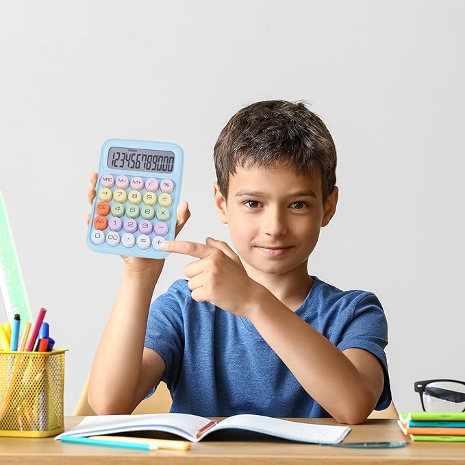 Mechanical Pushbutton Calculator,12 Digit Large LCD Display,Big Buttons Easy to Press,Colorful Candy Calculator,Automatic Sleep,with Battery.for Office,School, Home. (Blue)