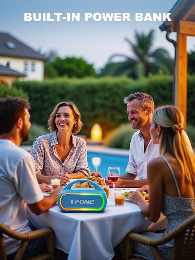 TPone Portable Bluetooth Speaker, 30W (Peak) Wireless Speaker for Outdoor Travel, 100ft Range, Multi-Colors Rhythm Lights, TWS Pairing, BT5.3, for Home/Party/Outdoor/Beach (Sky Blue)