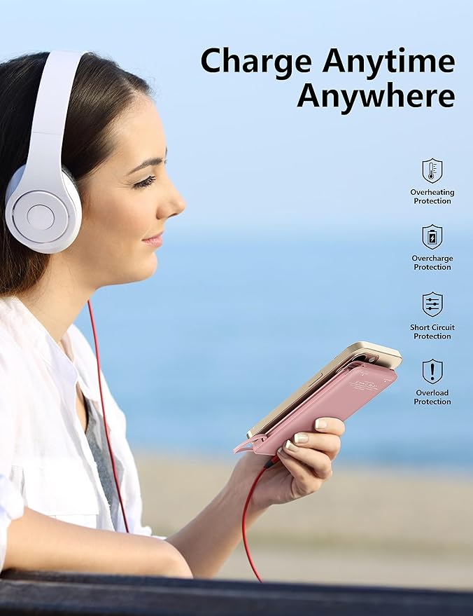 miisso 10000mAh Slim Portable Charger with Built in Cable, Power Bank Travel Charger External Battery Pack for Phone, 4 Output USB Type C Cord Clutch Charger Compatible with iPhone, Light Pink