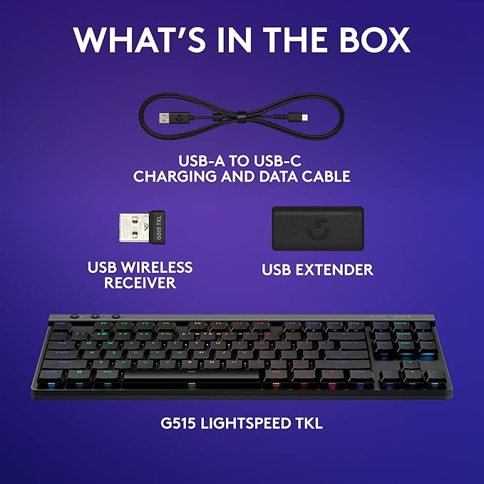 Logitech G515 Wireless Gaming Keyboard TKL, LIGHTSYNC RGB, Thin Tenkeyless Design, Double-Shot PBT Keycaps, Tactile Brown Mechanical Switches - Black