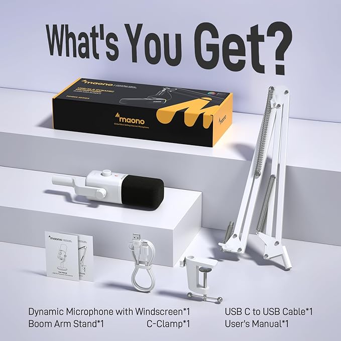 MAONO XLR/USB Gaming Microphone Kit: Dynamic PC Mic for Streaming Podcasting, Software Support, Mute Button, Gain Control, RGB Computer Mic with Boom Arm Stand, for Recording, PS4/PS5, PD100XS White