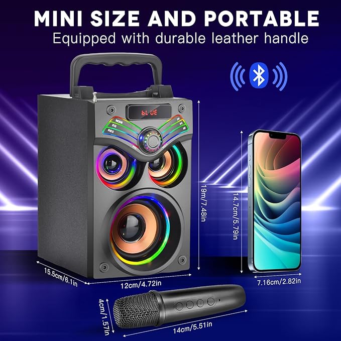 SUPINIU Bluetooth Speaker, 15W Wireless Portable Speaker with LED Owl Lights, Stereo Sound, FM Radio, EQ, TF, Party Speakers with Wireless Microphone for Home,Camping, Beach,Garage