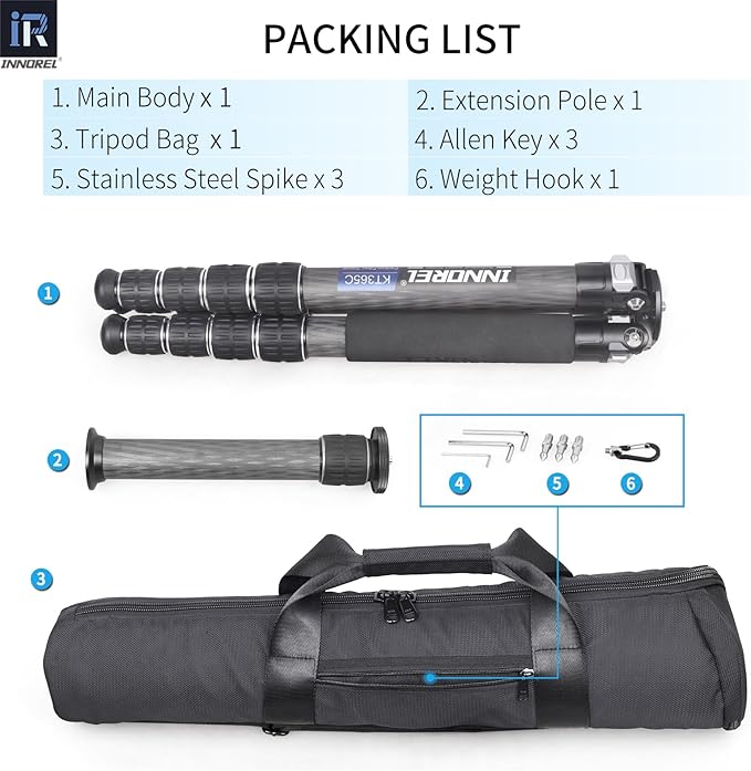 INNOREL KT365C Compact Carbon Fiber Camera Tripod 36mm Max Tube Professional 5 Sections Travel Tripod for Digital DSLR Video Camcorder Heavy Duty Camera Stand Load 66.1lb/30kg with Center Column