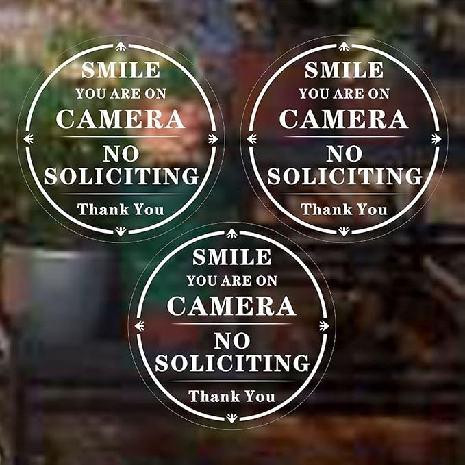 3 Pcs Smile You’re On Camera And No Soliciting Sign for Glass Door, 5.12 Inch Diameter Round, Made of Electrostatic Stickers, Attached to Glass Door Without Glue.(NoSoliciting)