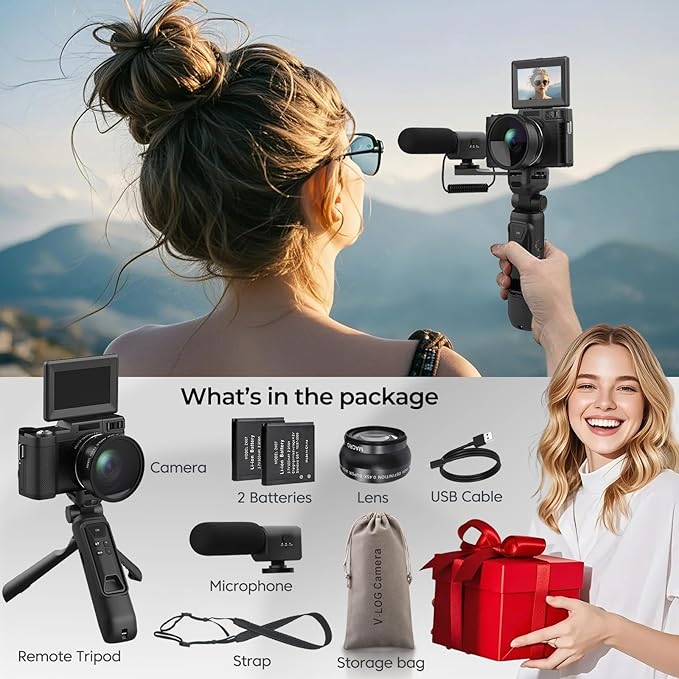 4K Vlogging Camera with Creator Kits 5K Digital Camera for Photography 64MP Video Camera with Flip Screen, Microphone, Powerbank Tripod, Wide-Angle & Macro Lens, Remote Control, Batteries