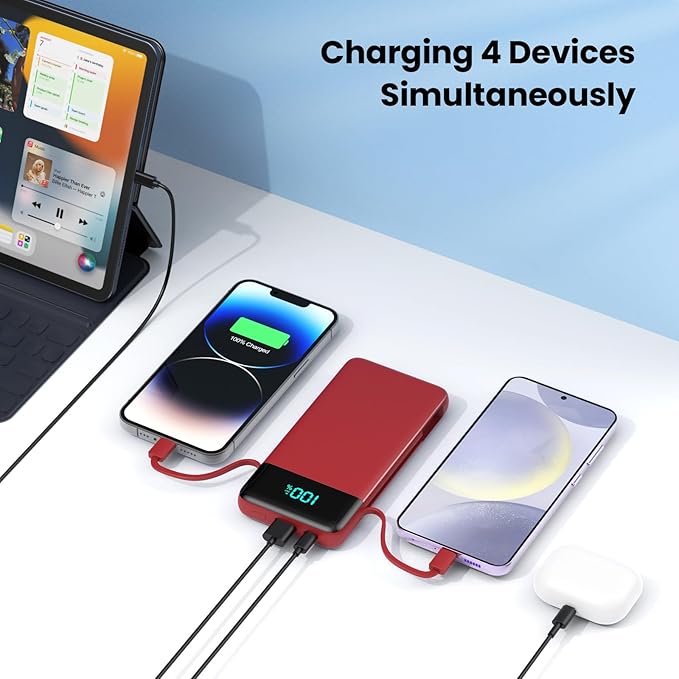 YHO Portable Charger 13800mAh for iPhone with Built-in Cables & AC Wall Plug,5-in-1 USB-C Power Bank,LCD Display External Battery Pack Phone Charger Compatible with iPhone 16/15/14,Android (Red)