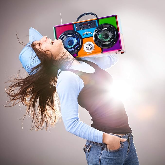 Mini Boombox with LED Speakers – Retro Bluetooth Speaker w/Enhanced FM Radio - Perfect for Home and Outdoor (Green Camo)