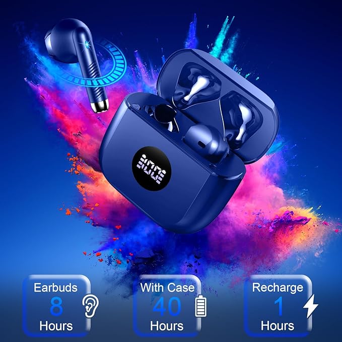 Wireless Earbuds, Bluetooth 5.4 Headphones LED Power Display Ear Buds Bass Stereo, Bluetooth Earbuds in-Ear Noise Cancelling Mic, 40H Playback Mini Case IP7 Waterproof Sports Earphones for Android iOS