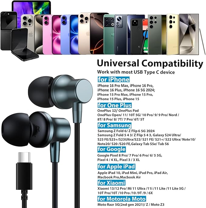 USB C Earbuds for iPhone 17 16e 15 Galaxy Z Flip Fold 6, Wired Headphones with Mic USB Type C Earphones Magnetic in-Ear Noise Canceling Headset for iPad Air Pro Oneplus 13 12 Samsung S25 S24 Pixel 8