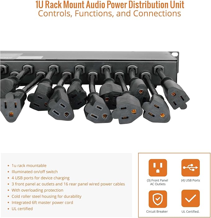 Tecmojo 1U Rack Mount 19 Outlet PDU Power Distribution Unit Power Strip Circuit Breaker fits 19-inch AV/Network/Server Cabinet/Closet/Enclosure