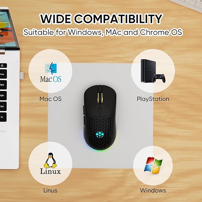 Honeycomb M32 Wireless Gaming Mouse - 2.4GHz RGB Rechargeable Ergo Mouse with Silent Clicks & 3200 DPI for PC/Mac (Black)
