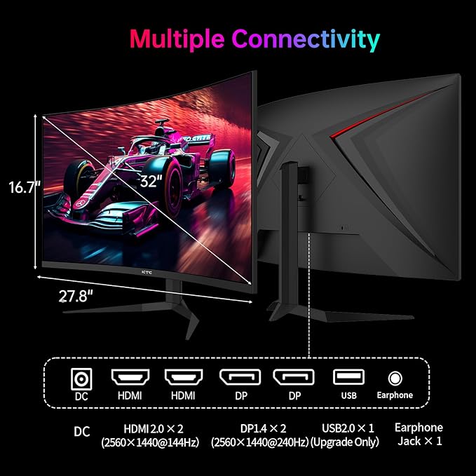 KTC 32 Inch 240Hz Curved Gaming Monitor, 2K 1440P Computer PC Monitor with 1000R 1ms Frameless, Adaptive Sync,122% sRGB, HDMI, DisplayPort, Tilt Adjustable, H32S25E