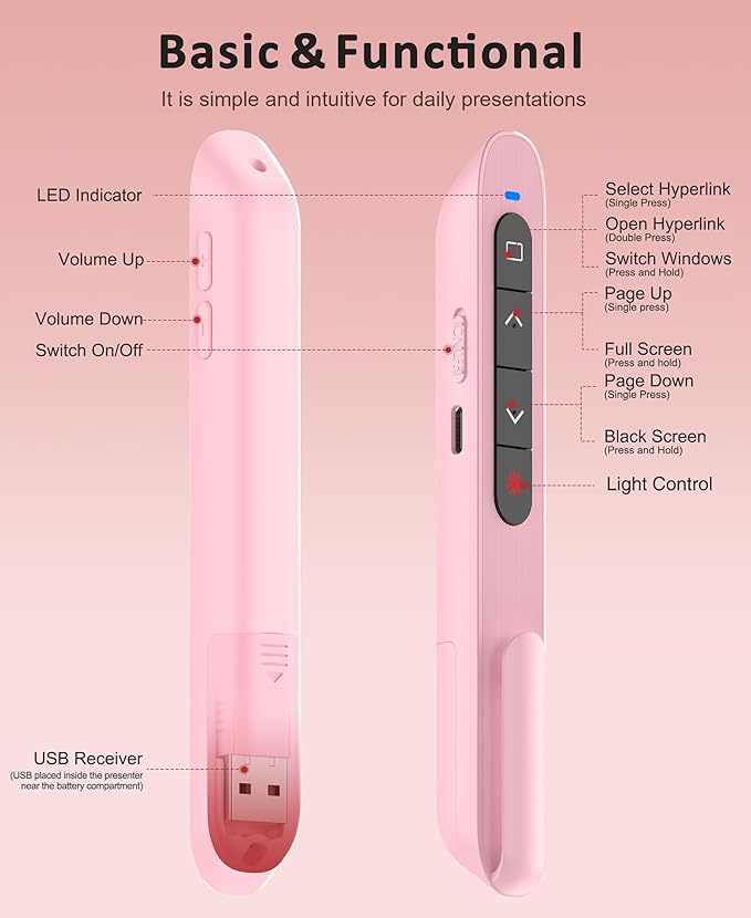 Presentation Clicker Rechargeable Pink Wireless Presentation Remote Presenter Long Range PPT Clicker with Pointer Slide Advancer for Classroom Teacher Mac/Windows/Linux, Google Slide/PPT/Keynote