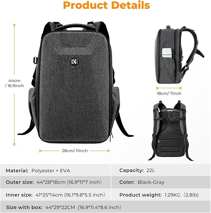 K&F Concept Camera Backpack,Hardshell Photography DSLR Camera Bag with 15-15.6 Inch Laptop Compartment Waterproof Hard Shell Camera Case Compatible with Canon/Nikon/Sony/DJI Mavic Drone