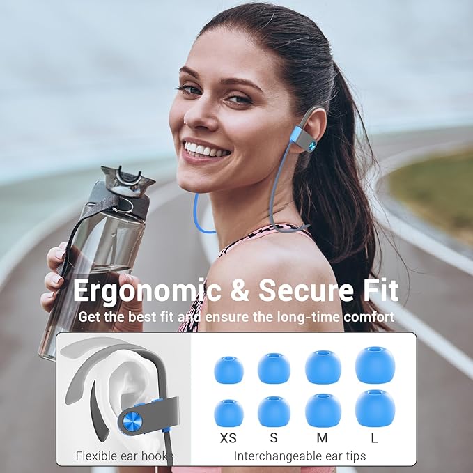 Bluetooth Headphones, Bluetooth 5.3 IPX7 Waterproof Wireless Sports Earbuds for Workout Gym, 16 Hrs Playtime Running Headphones with Noise Cancelling Mic, HiFi Bass Stereo in-Ear Earphones