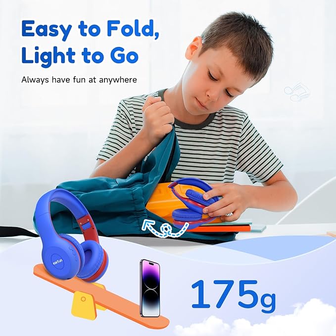 EarFun K2 Kids Bluetooth Headphones, Kids Headphones with Volume Limited, 40H Playtime, Built-in Mic, Stereo Sound, Foldable Over-Ear Headphone for School/Travel/iPad/Tablet, Blue