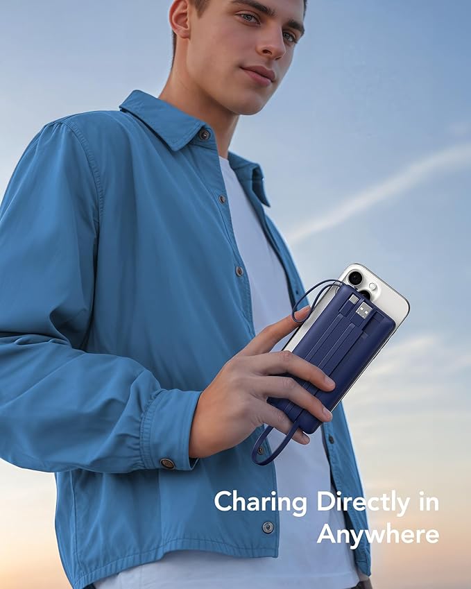 VRURC Portable Charger Power Bank, 10000mAh Travel Essentials, 5 Outputs 2 Inputs Slim Battery Pack Built-in Cables Cords Compatible with iPhone,Samsung,Android-Navy Blue(1 Pack)