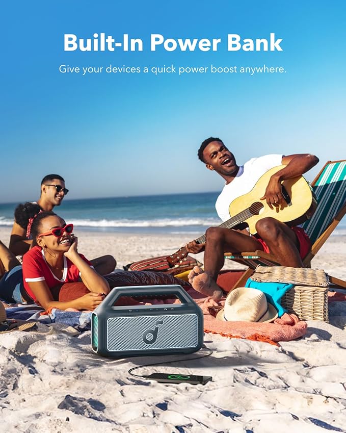 soundcore Boom 2 By Anker, Outdoor Speaker, 80W, Subwoofer, BassUp 2.0, 24H Playtime, IPX7 Waterproof, Floatable, RGB Lights, USB-C, Custom EQ, Bluetooth 5.3, Portable for Camping, Beach, and Backyard