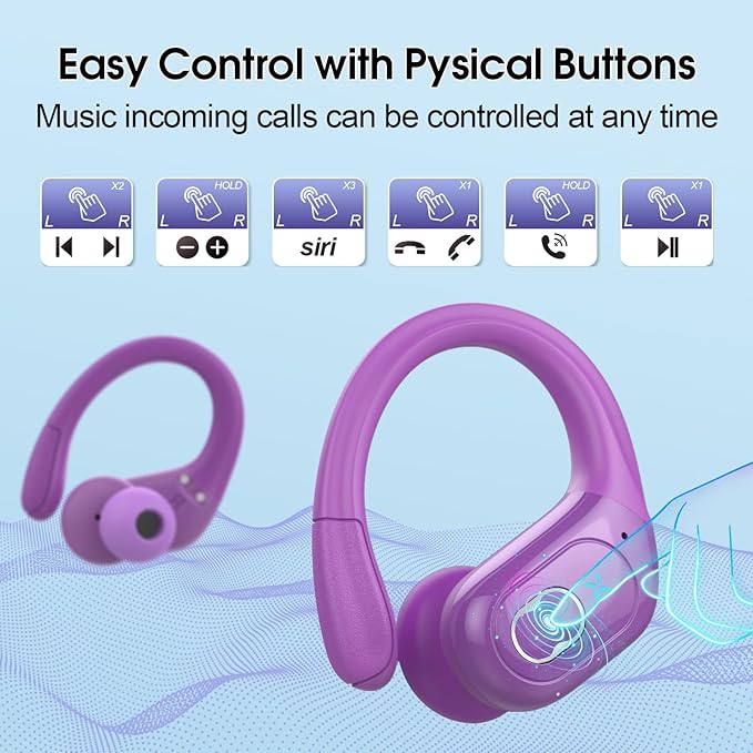 Wireless Earbuds 75hrs Bluetooth 5.4 Headphone Sport, 2025 Bluetooth Earbuds Stereo Deep Bass Over Ear Bud with Earhooks, ENC Noise Cancelling Mic, IPX7 Waterproof Earphone, Purple