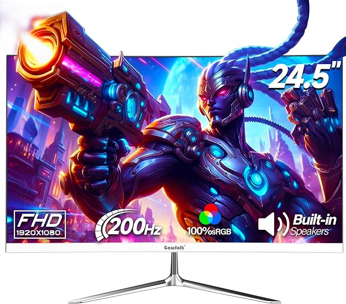 Gaming Monitor 24.5 Inch 200Hz Built-in Speakers, 180hz PC Monitor FHD 1080P Frameless Computer Monitors, VA,sRGB 100%, DisplayPort, HDMI, Eye Care, Wall Mount Compatible (White)