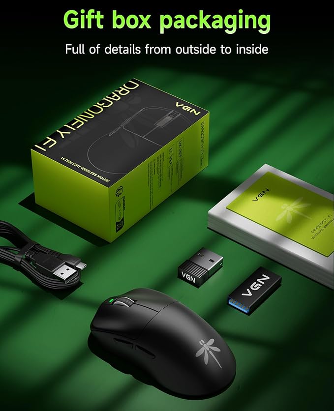 VGN F1 PRO Wireless Gaming Mouse - Ultralight 49g - Wireless & Wired Mode - 26000 Adjustable DPI - 1000Hz Polling Rate - 65 Hours Battery - Programmable Buttons - Esports Professional Grade - USB-C