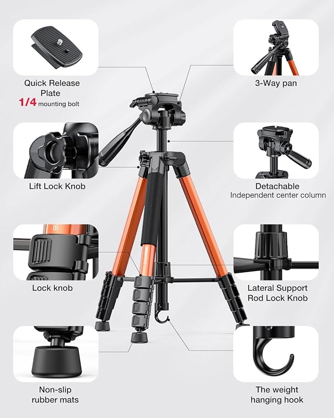73" Camera Tripod and Monopod, Professional Aluminum Tripod Stand for Mirrorless Camera/DSLR/Cell Phone/Camcorder/GoPro, with Phone Holder and Travel Bag (Burnt Orange)